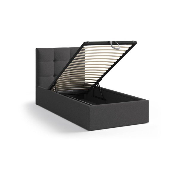 Antracitszürke kárpitozott ágyneműtartós egyszemélyes ágy ágyráccsal 90x200 cm Phaedra – Micadoni -image-1