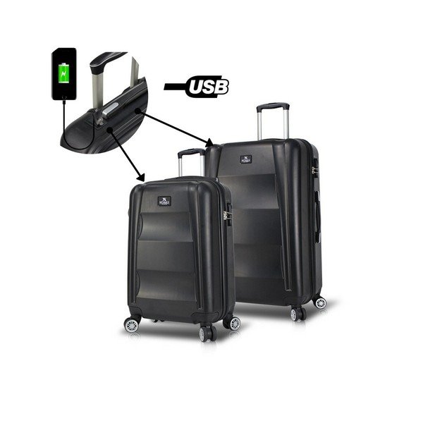 LASSO Cabin & Medium 2 fekete görgős bőrönd USB csatlakozóval - My Valice-image-2