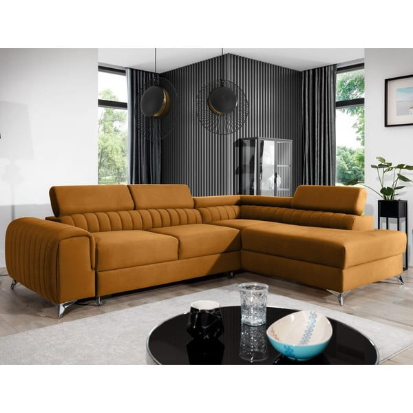 Sárga bársony kinyitható-tárolóhelyes sarokkanapé (jobb oldali-L alakú) Laurence – ELTAP-image-1