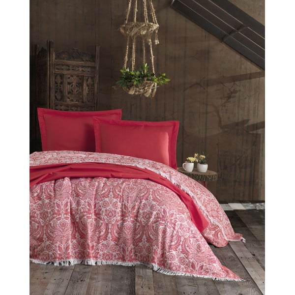 Nish Red piros pamut ágytakaró és 2 párnahuzat szett, 240 x 260 cm - EnLora Home