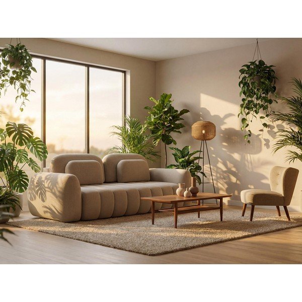 Világosbarna buklé kinyitható-tárolóhelyes sarokkanapé (bal oldali-heverő résszel) Pele – Makamii-image-1