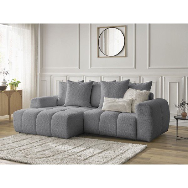 Szürke buklé kinyitható-tárolóhelyes sarokkanapé (bal oldali-heverő résszel) Roxelane – Bobochic Paris-image-4