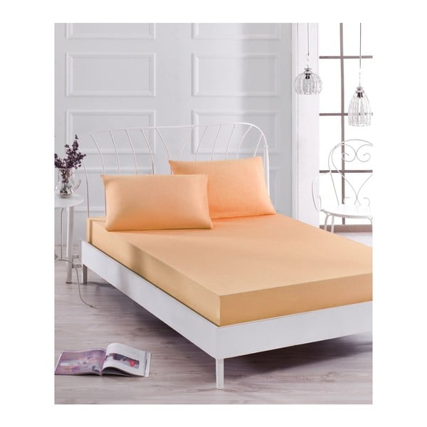 Basso Pomme halvány narancssárga elasztikus lepedő és párnahuzat szett egyszemélyes ágyhoz, 100 x 200 cm