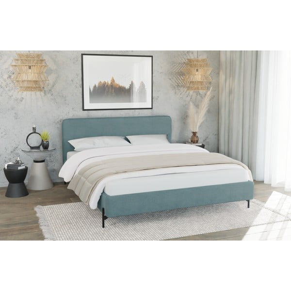 Világoskék kárpitozott franciaágy ágyráccsal 160x200 cm Barker – Ropez-image-2