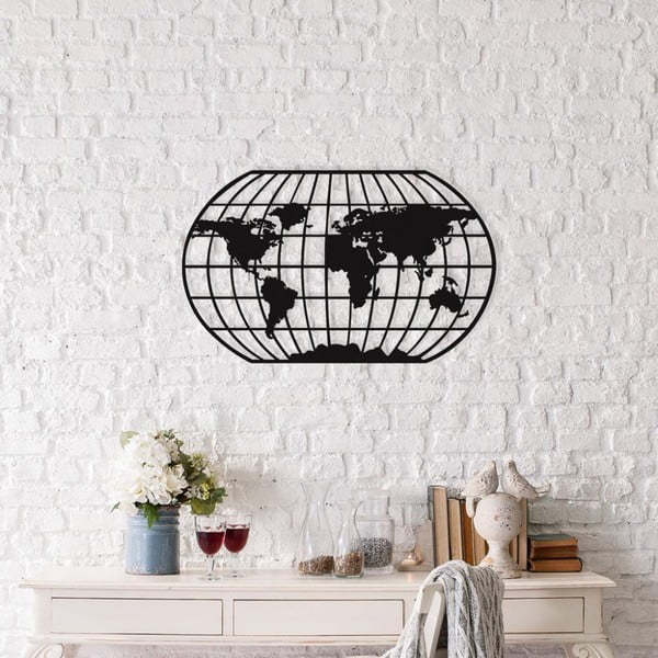 Oval World Map fekete fém fali dekoráció, 88 x 49 cm