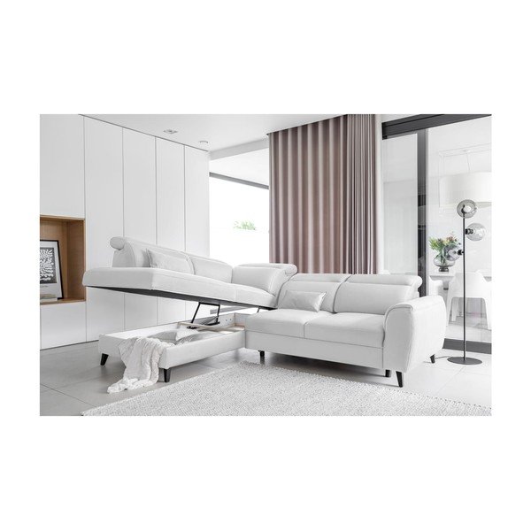 Fehér bársony kinyitható-tárolóhelyes sarokkanapé (bal oldali-L alakú) Noble – ELTAP-image-3