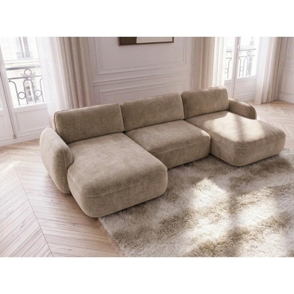 Bézs bársony kinyitható-tárolóhelyes (U alakú) sarokkanapé Celeste – Bobochic Paris-image-1