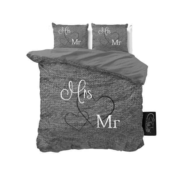 Mr&Mrs antracitszürke kétszemélyes pamut ágyneműhuzat, 200 x 200 cm - Pure Cotton