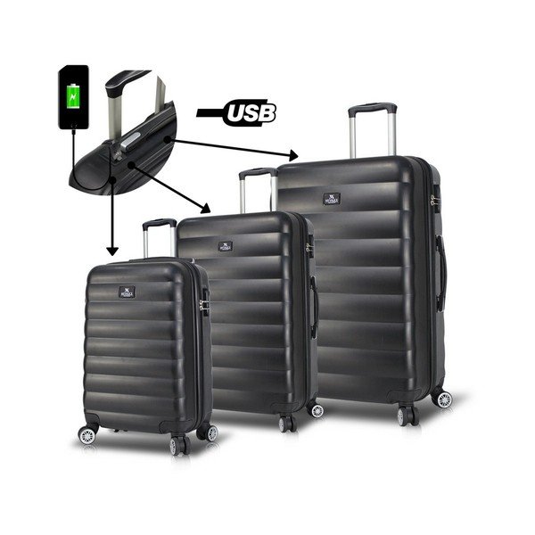 RESSO Travel Set 3 fekete görgős bőrönd USB csatlakozóval - My Valice-image-1