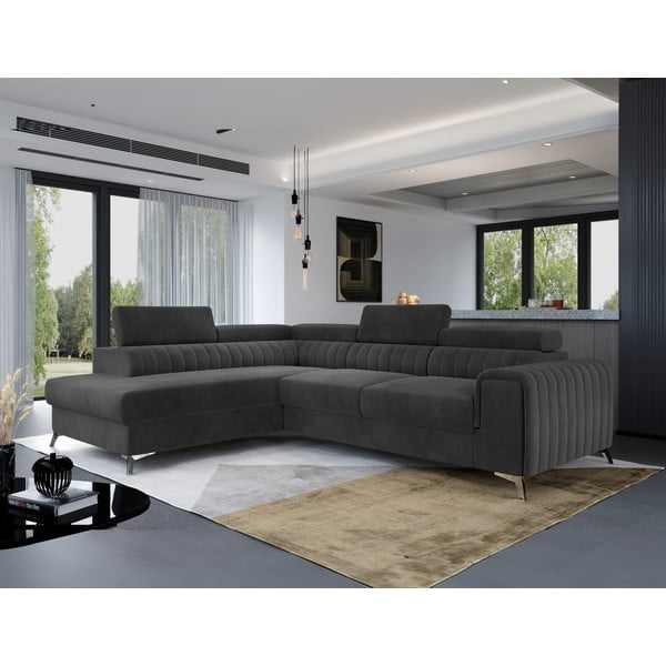 Sötétszürke bársony kinyitható-tárolóhelyes sarokkanapé (bal oldali-L alakú) Laurence – ELTAP-image-1