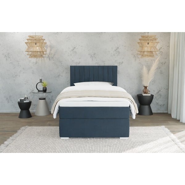 Sötétkék kárpitozott ágyneműtartós egyszemélyes ágy ágyráccsal 100x200 cm Bunny – Ropez-image-2