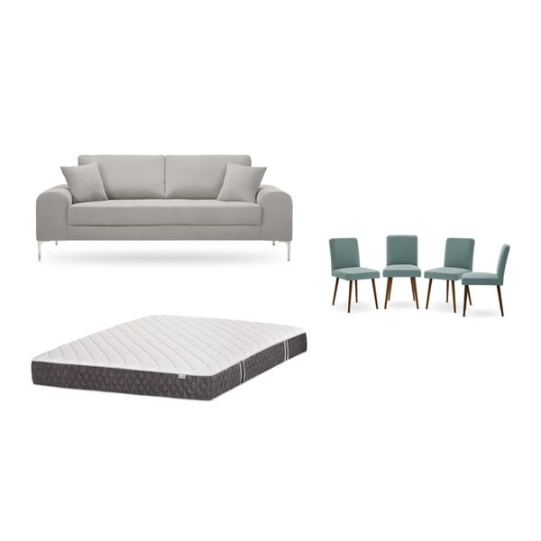 Világosszürke, háromszemélyes kanapé, 4 db szürkészöld szék, matrac (160 x 200 cm) szett- Home Essentials