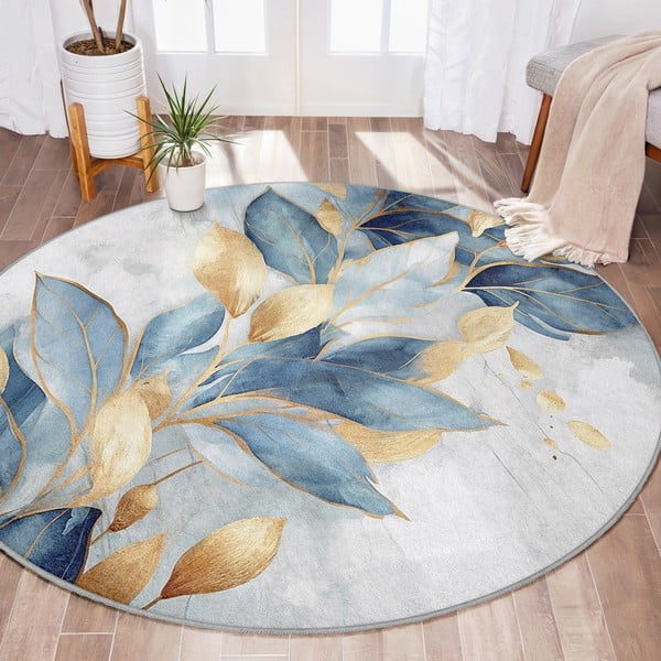 Kék-aranyszínű mosható kerek szőnyeg ø 150 cm Golden Leaves – Mila Home-image-1