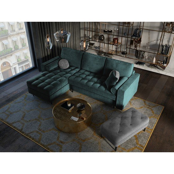 Santo olajzöld kinyitható bársony sarokkanapé, bal oldali - Milo Casa-image-1