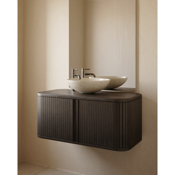 Sötétbarna fali mosdó alatti szekrény kőrisfa dekorral 90x40 cm Mailen – Kave Home-image-1