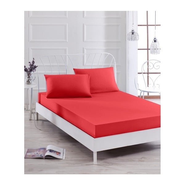Basso Rojo piros elasztikus lepedő és párnahuzat szett egyszemélyes ágyhoz, 100 x 200 cm