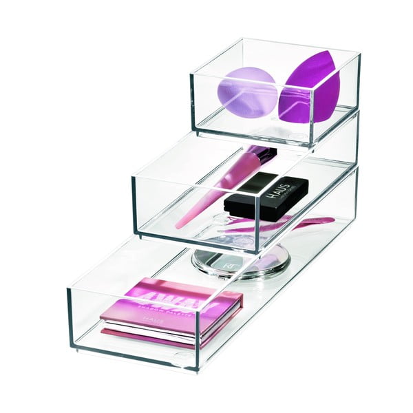 Újrahasznosított műanyag fürdőszobai rendszerező szett kozmetikumokhoz 3 db-os Stack & Slide – iDesign