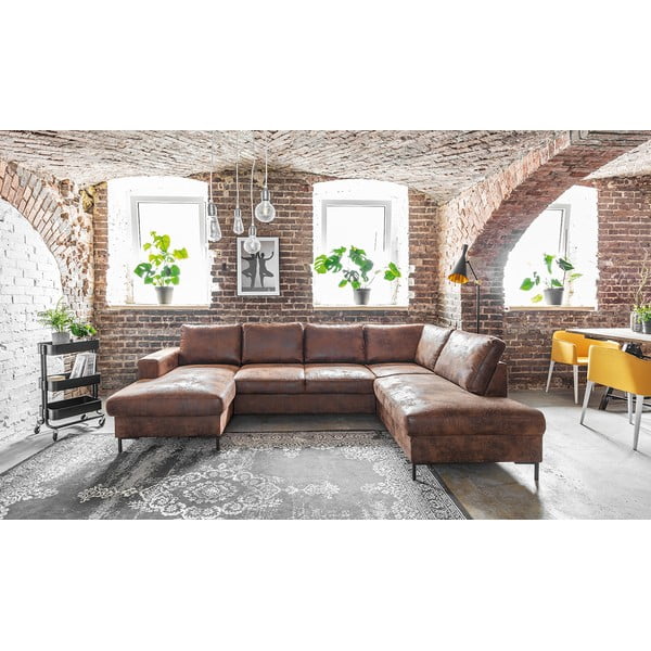 Lofty Lilly Vintage barna kinyitható U alakú bőrutánzat kanapé, jobb oldali - Miuform-image-1