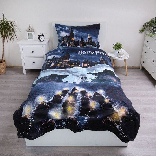 Sötétkék-szürke egyszemélyes mikroszálas gyerek ágyneműhuzat 140x200 cm Harry Potter "Hogwarts Night" – Jerry Fabrics-image-1