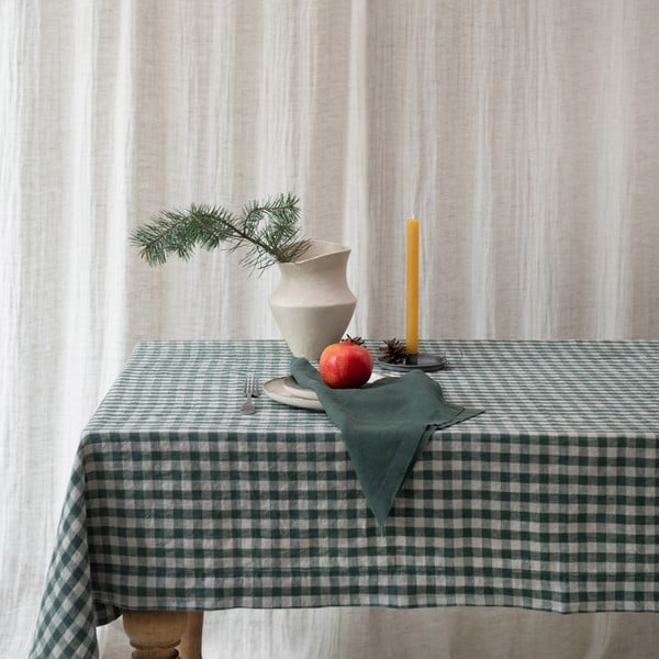 Len asztalterítő 140x250 cm Forest Green Gingham – Linen Tales-image-3