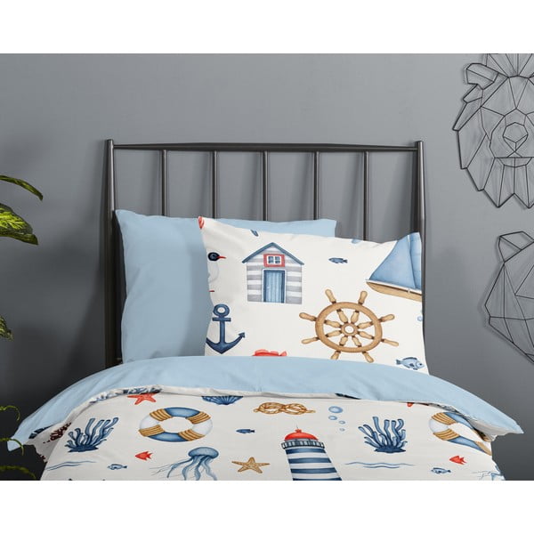Kék-krémszínű pamut gyerek ágyneműhuzat babaágyhoz 100x135 cm Ahoy – Good Morning-image-2
