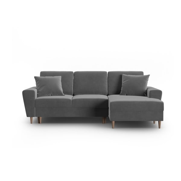 Világosszürke bársony kinyitható tárolóhelyes sarokkanapé (jobb oldali-heverő résszel) Kyoto – Cosmopolitan Design