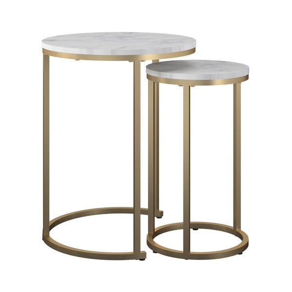Fehér-aranyszínű kerek dohányzóasztal szett márvány dekorral 2 db-os ø 45 cm Amelia – CosmoLiving by Cosmopolitan
