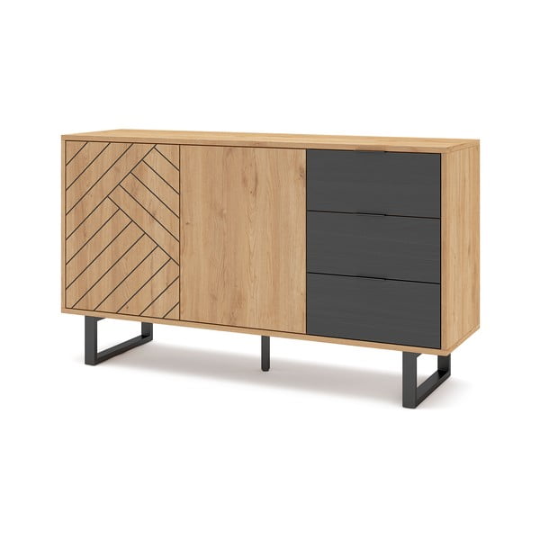 Antracitszürke-natúr színű alacsony komód tölgyfa dekorral 140x80 cm Madona – Marckeric-image-3