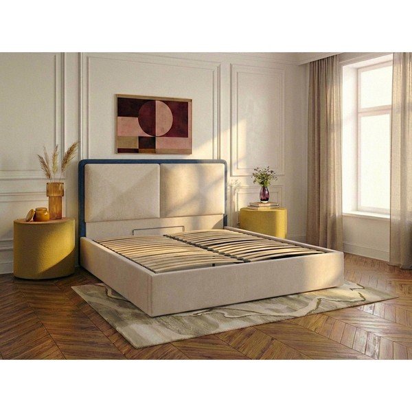 Kék-bézs kárpitozott ágyneműtartós franciaágy ágyráccsal 180x200 cm Mara – Bobochic Paris-image-2