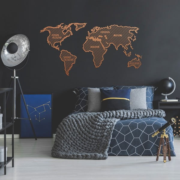 World Map In The Stripes rézszínű fém fali dekoráció, 150 x 80 cm