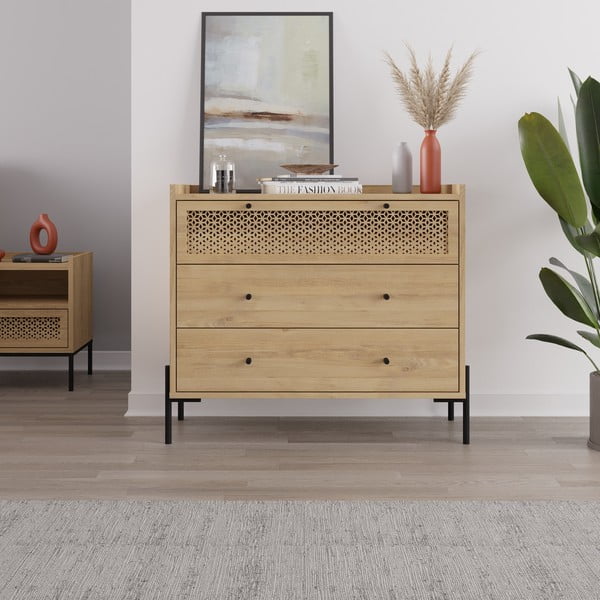 Natúr színű alacsony komód tölgyfa dekorral 90x80 cm Mayra – Marckeric-image-1