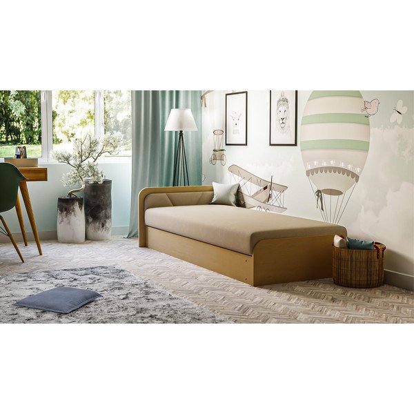 Okkersárga-bézs kárpitozott-forgácslemez ágyneműtartós egyszemélyes ágy matraccal 80x190 cm Parys – ELTAP-image-1