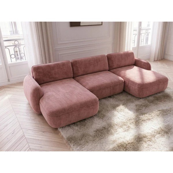 Rózsaszín bársony kinyitható-tárolóhelyes (U alakú) sarokkanapé Celeste – Bobochic Paris-image-3