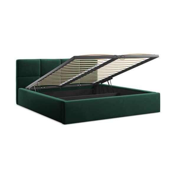 Sötétzöld bársony kárpitozott ágyneműtartós franciaágy ágyráccsal 140x200 cm Hiko – Makamii-image-2