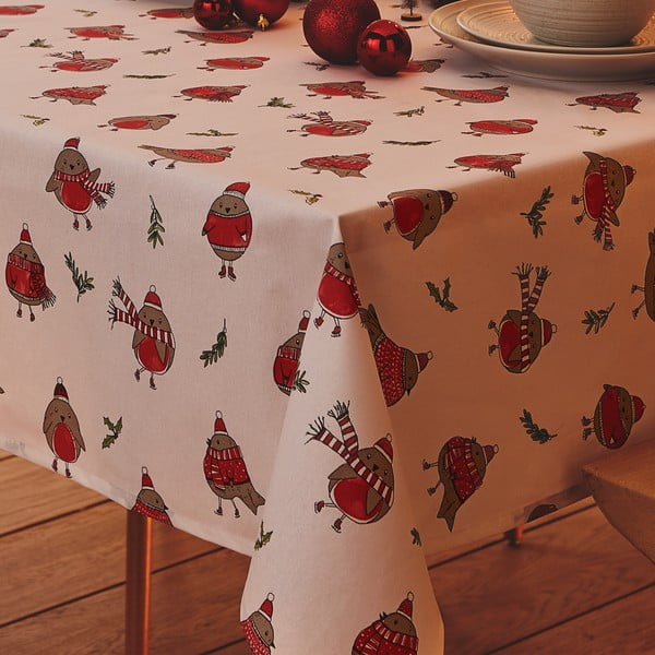 Karácsonyi mintás pamut asztalterítő 137x229 cm Christmas Robins – Catherine Lansfield