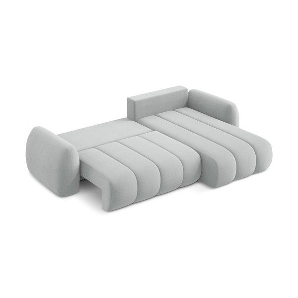 Világosszürke buklé kinyitható-tárolóhelyes sarokkanapé (jobb oldali-heverő résszel) Pele – Makamii-image-4