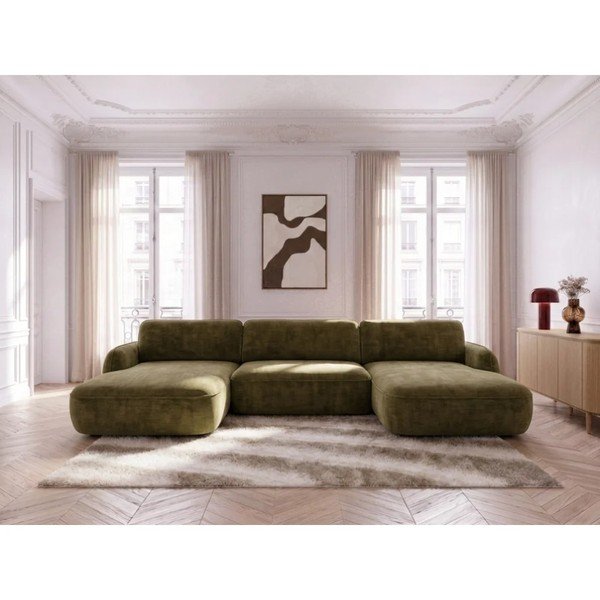Zöld bársony kinyitható-tárolóhelyes (U alakú) sarokkanapé Celeste – Bobochic Paris-image-3