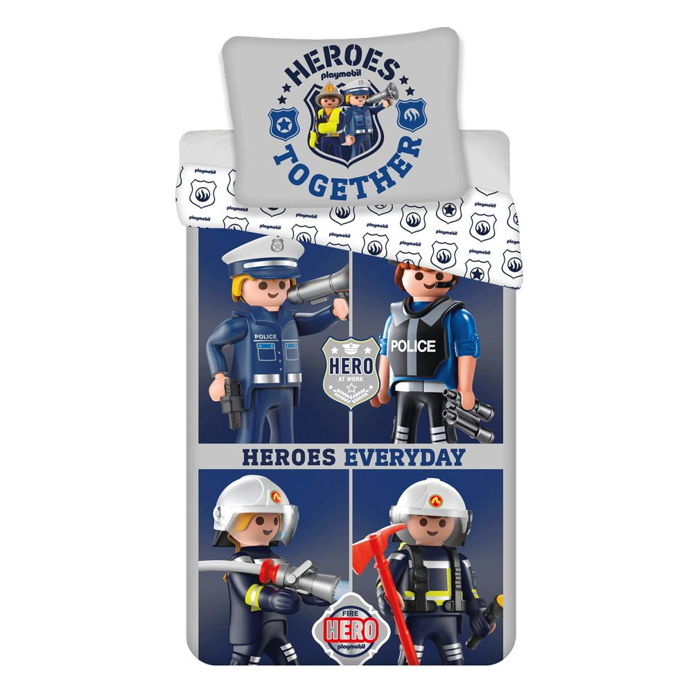 Kék-szürke egyszemélyes pamut gyerek ágyneműhuzat 140x200 cm Playmobil Jerry Fabrics