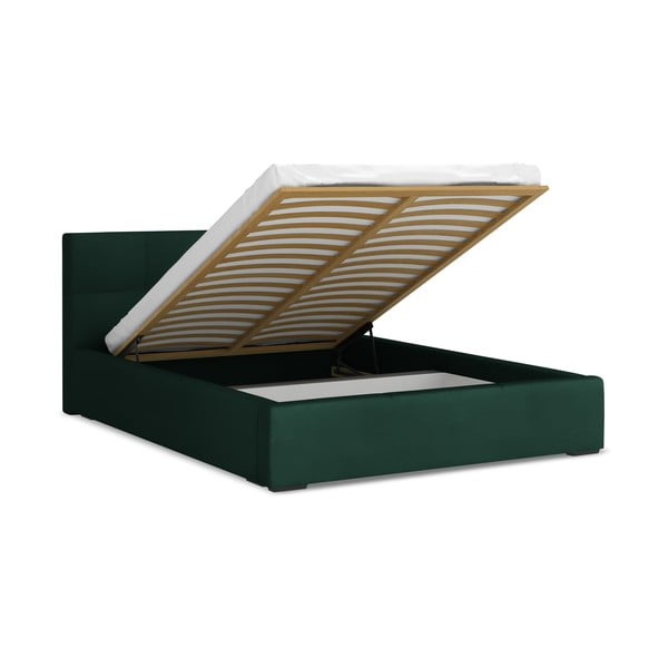 Sötétzöld bársony kárpitozott ágyneműtartós franciaágy ágyráccsal 140x200 cm Hiko – Makamii-image-1