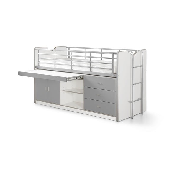 Fehér-szürke ágyneműtartós galéria gyerekágy íróasztallal, ágyráccsal 90x200 cm Bonny – Vipack