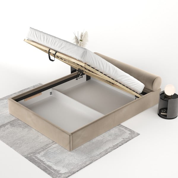 Világosbarna kárpitozott ágyneműtartós franciaágy ágyráccsal 140x200 cm Solvo – Maison de Rêve-image-3