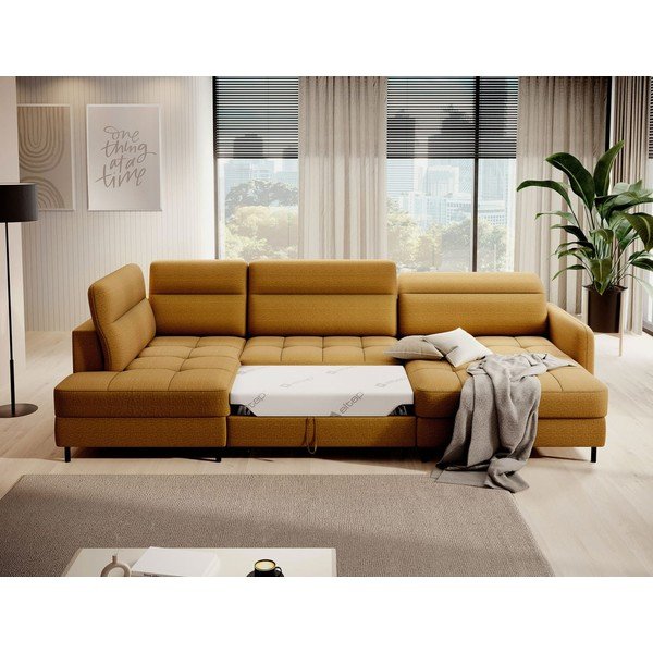 Sárga bársony kinyitható-tárolóhelyes sarokkanapé (bal oldali-U alakú) Berrto – ELTAP-image-4