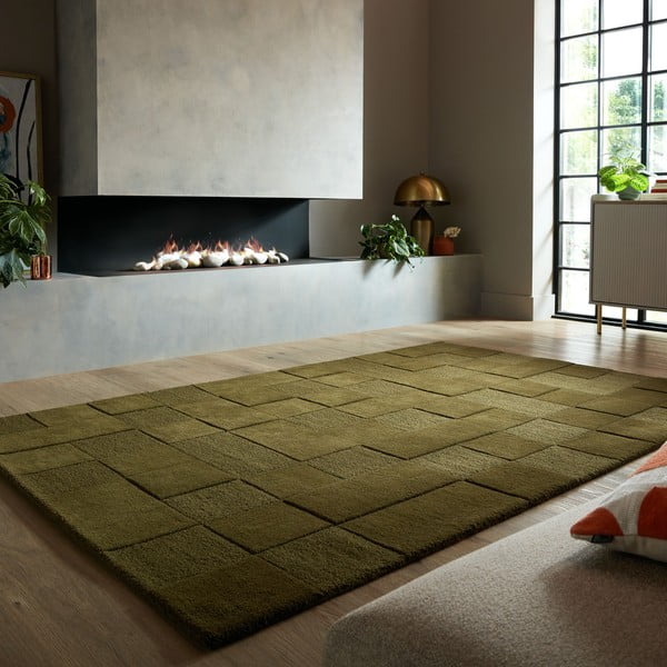 Khaki kézi szövésű gyapjú szőnyeg 120x170 cm Checkerboard – Flair Rugs-image-1