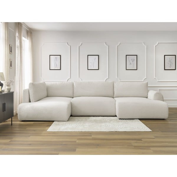 Krémszínű kordbársony kinyitható-tárolóhelyes sarokkanapé (bal oldali-U alakú) Lucien – Bobochic Paris-image-1