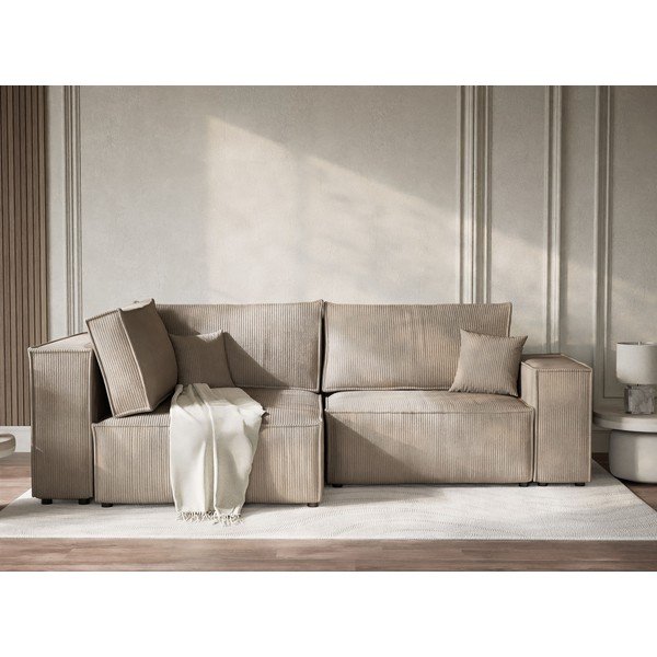 Bézs kordbársony kinyitható-tárolóhelyes sarokkanapé (bal oldali-L alakú) Tonga – Maison de Rêve-image-1