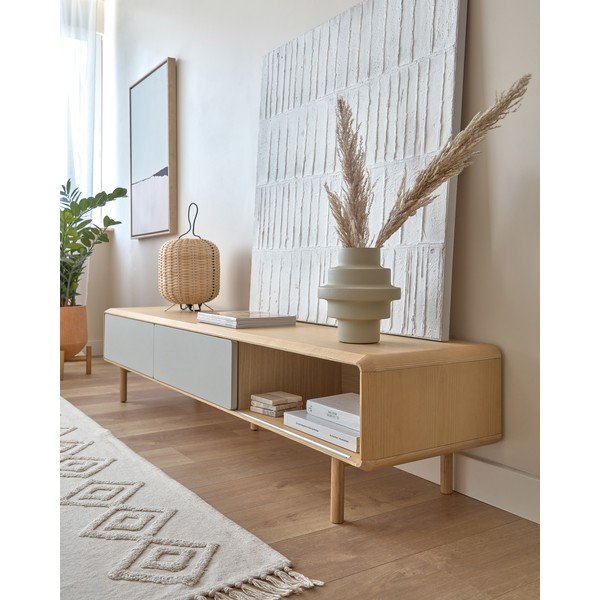 Szürke-natúr színű TV-állvány kőrisfa dekorral 180x41x42 cm Anielle – Kave Home-image-4