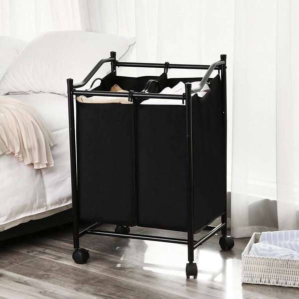 Fekete 2 rekeszes gurulós szennyestartó - Songmics-image-1