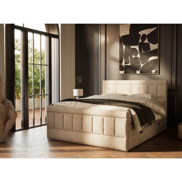 Bézs ágyneműtartós boxspring ágy 160x200 cm Caya – Maison de Rêve-image-1