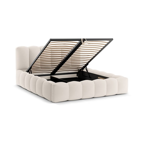 Krémszínű kárpitozott ágyneműtartós franciaágy ágyráccsal 160x200 cm Lupine – Micadoni -image-2