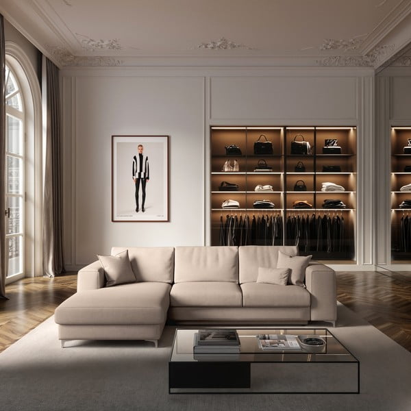 Bézs bársony kinyitható tárolóhelyes sarokkanapé (bal oldali-heverő résszel) Rene – Rodier-image-1